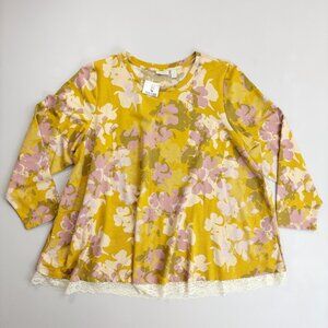 LOGO Lounge Lori Goldstien Floral Knit Top 2X Lace Hem Pockets Soft Cottagecore